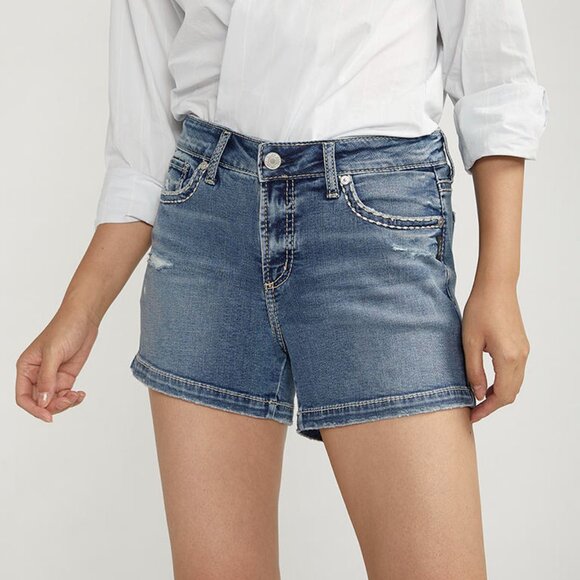 NWT Silver Jeans Mid Rise Elyse Short In Medium Indigo Wash - Picture 1 of 5